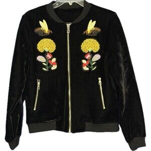 Vintage Metisu Women's Sz Small Velvet Embroidered Jacket Zip Flowers Bees